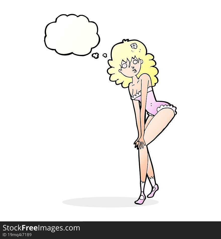 cartoon woman in lingerie with thought bubble