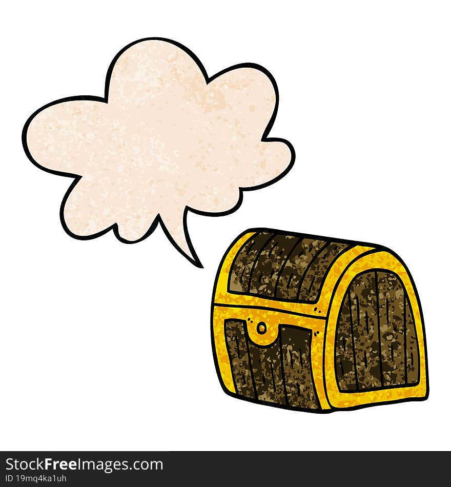 cartoon treasure chest with speech bubble in retro texture style