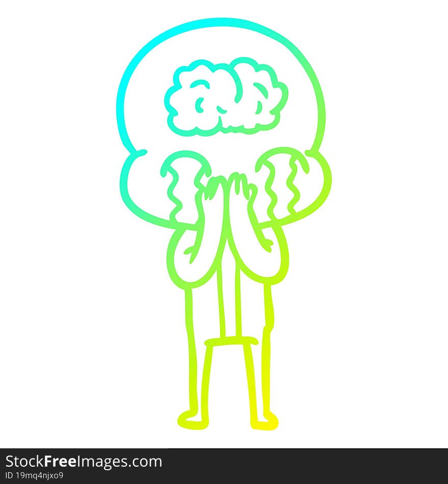 cold gradient line drawing cartoon big brain alien crying