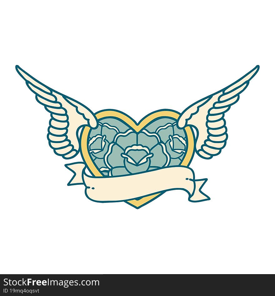 Tattoo Style Icon Of A Flying Heart With Flowers And Banner