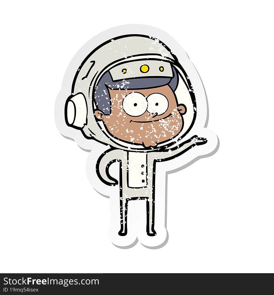 distressed sticker of a happy astronaut cartoon