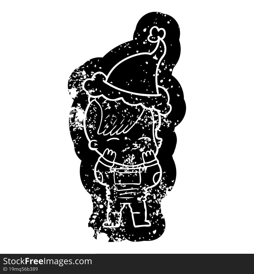 Cartoon Distressed Icon Of A Girl Wearing Futuristic Clothes Wearing Santa Hat