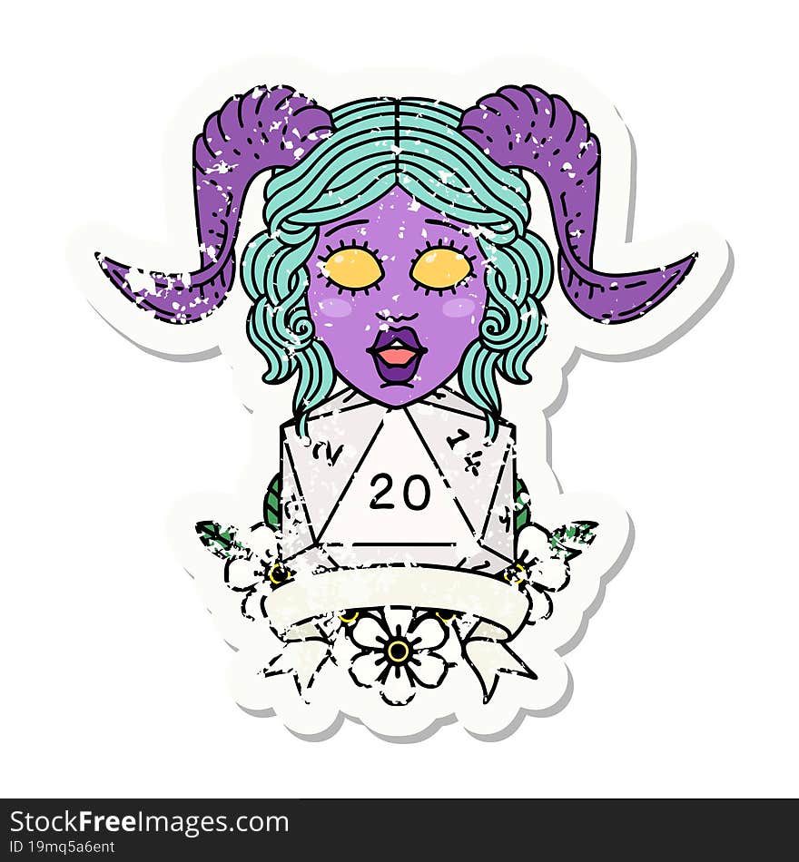 Retro Tattoo Style tiefling with natural twenty dice roll. Retro Tattoo Style tiefling with natural twenty dice roll