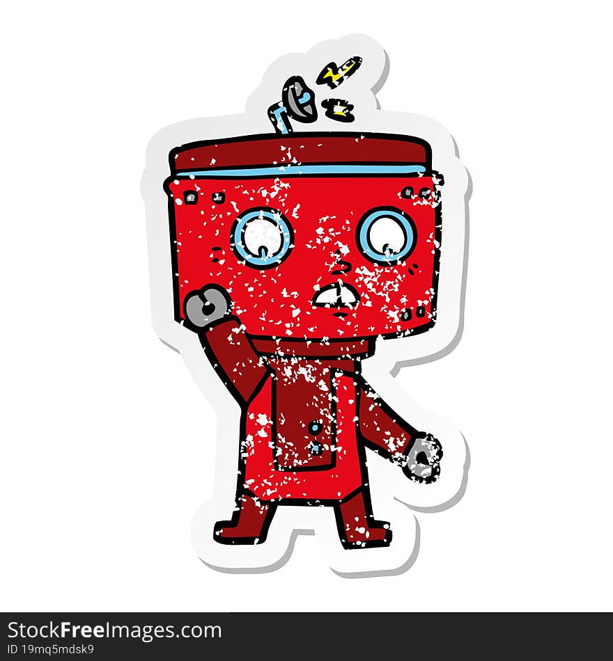 distressed sticker of a cartoon robot waving