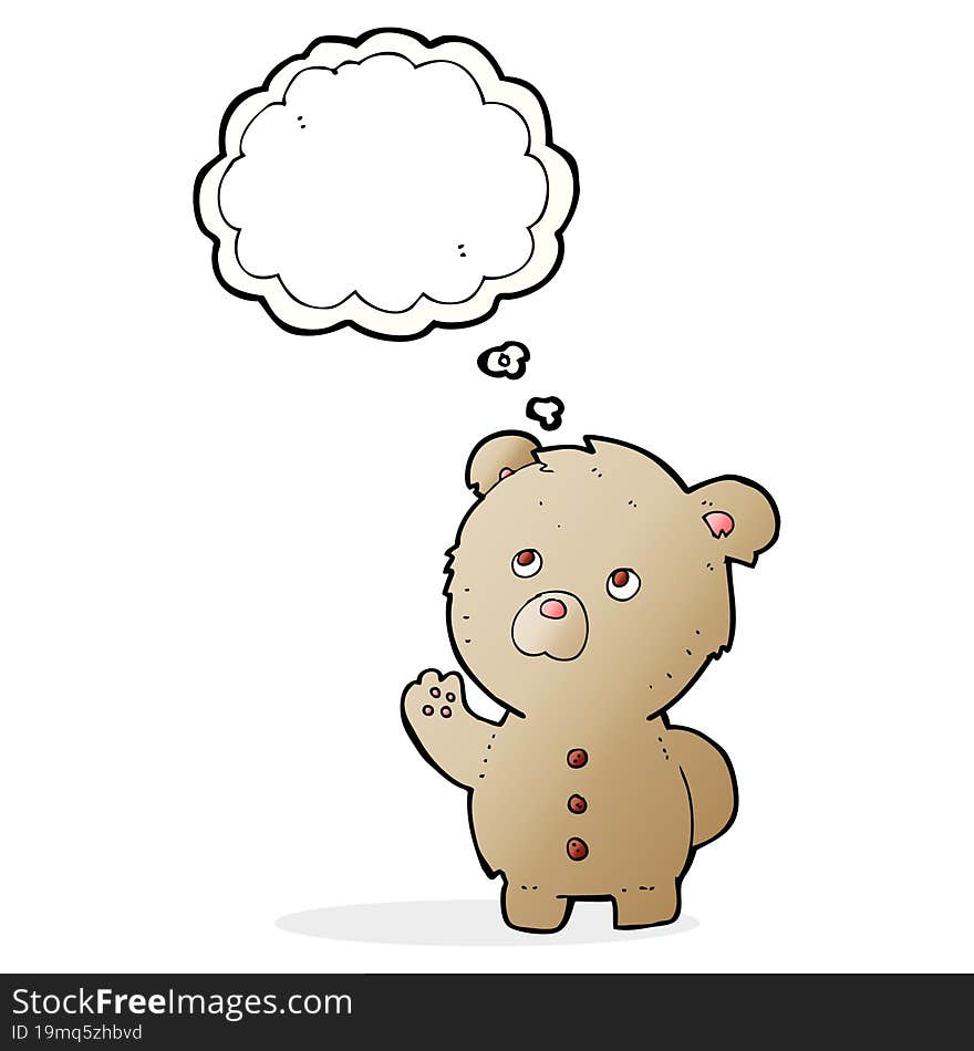 cartoon waving teddy bear with thought bubble