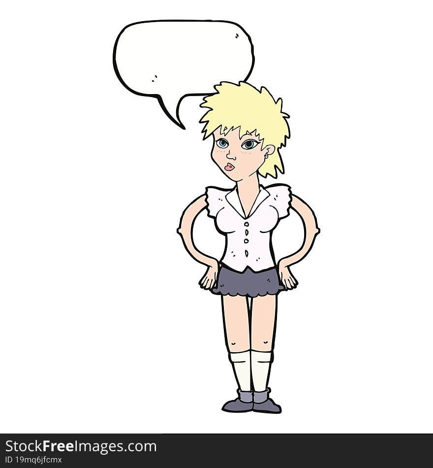 cartoon woman with hands on hips with speech bubble