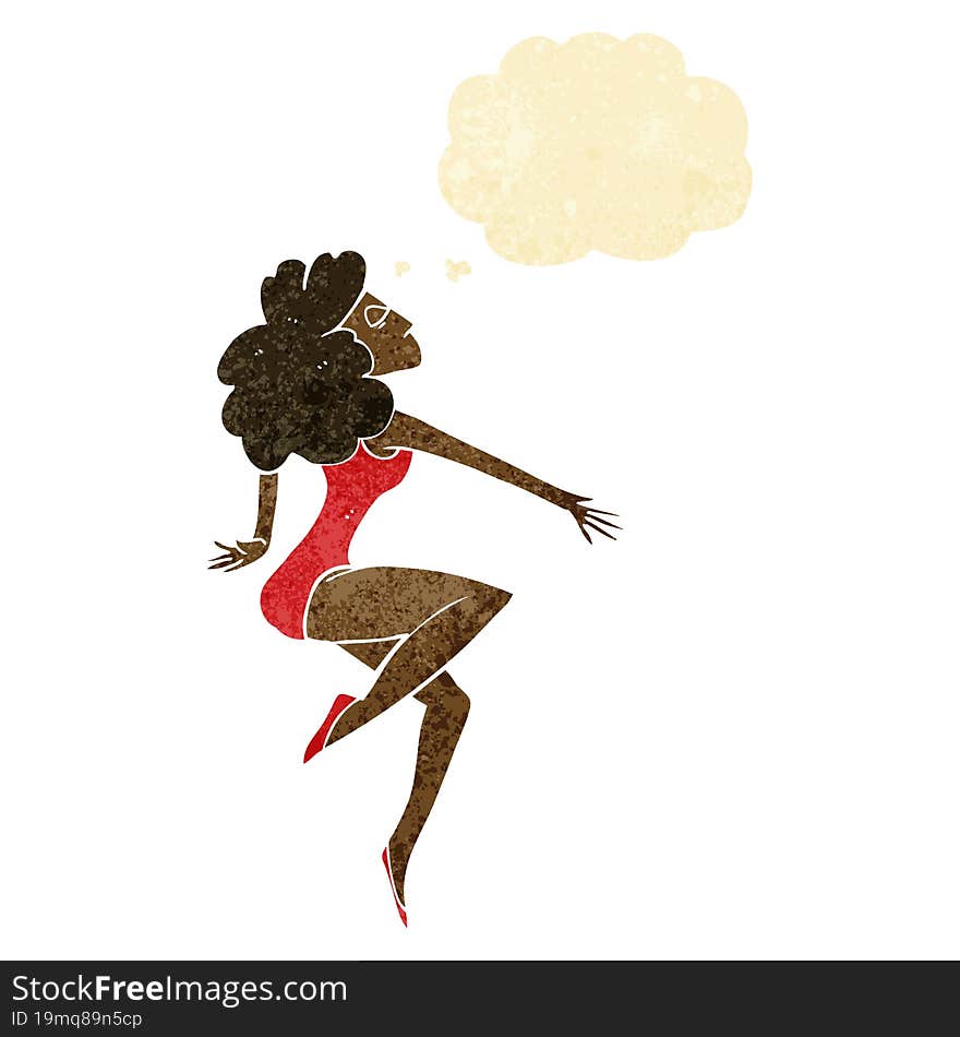 cartoon dancing woman with thought bubble