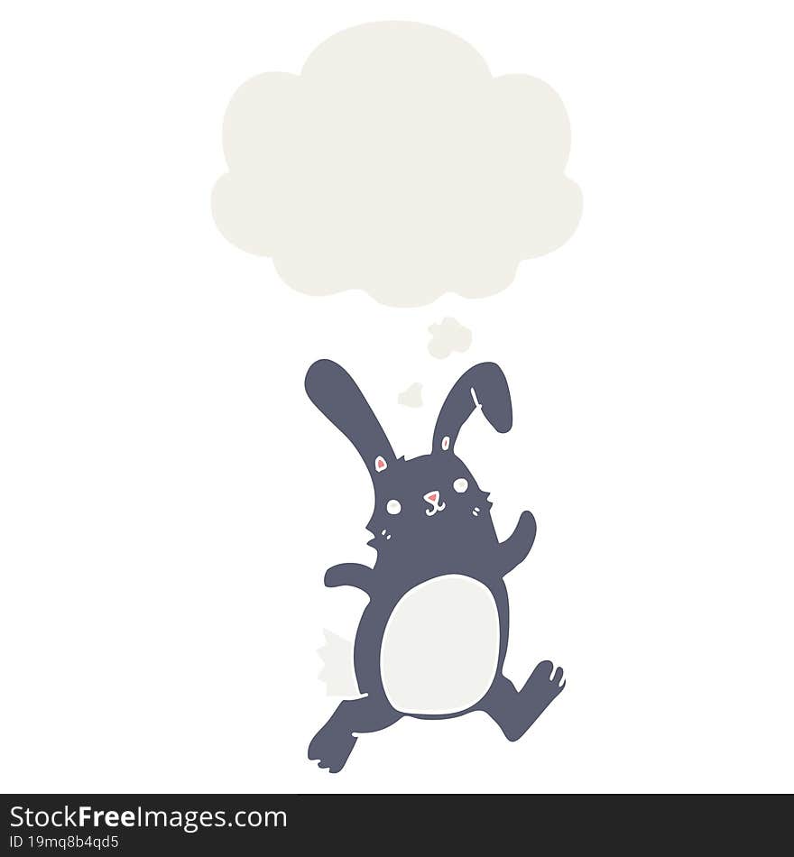 cartoon rabbit running with thought bubble in retro style