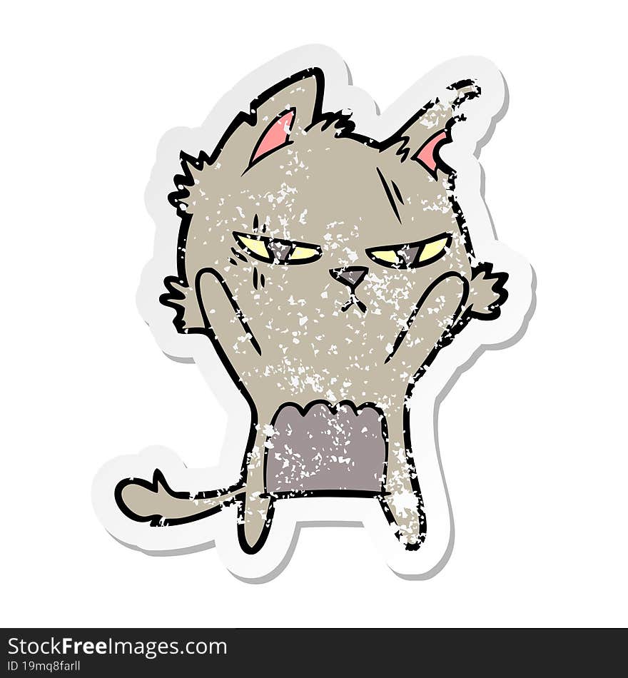 distressed sticker of a tough cartoon cat