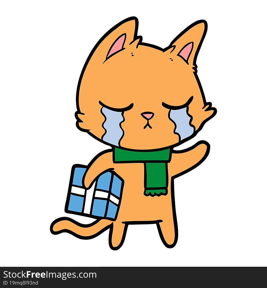 crying cartoon cat holding christmas present. crying cartoon cat holding christmas present