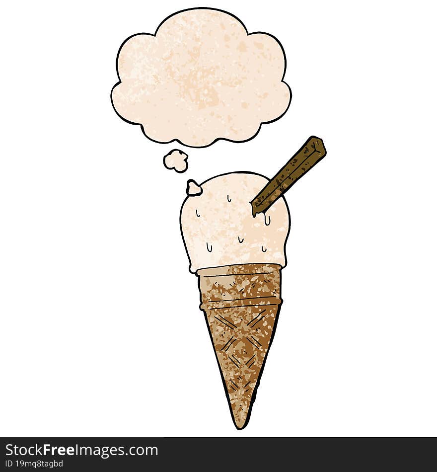 Cartoon Ice Cream And Thought Bubble In Grunge Texture Pattern Style