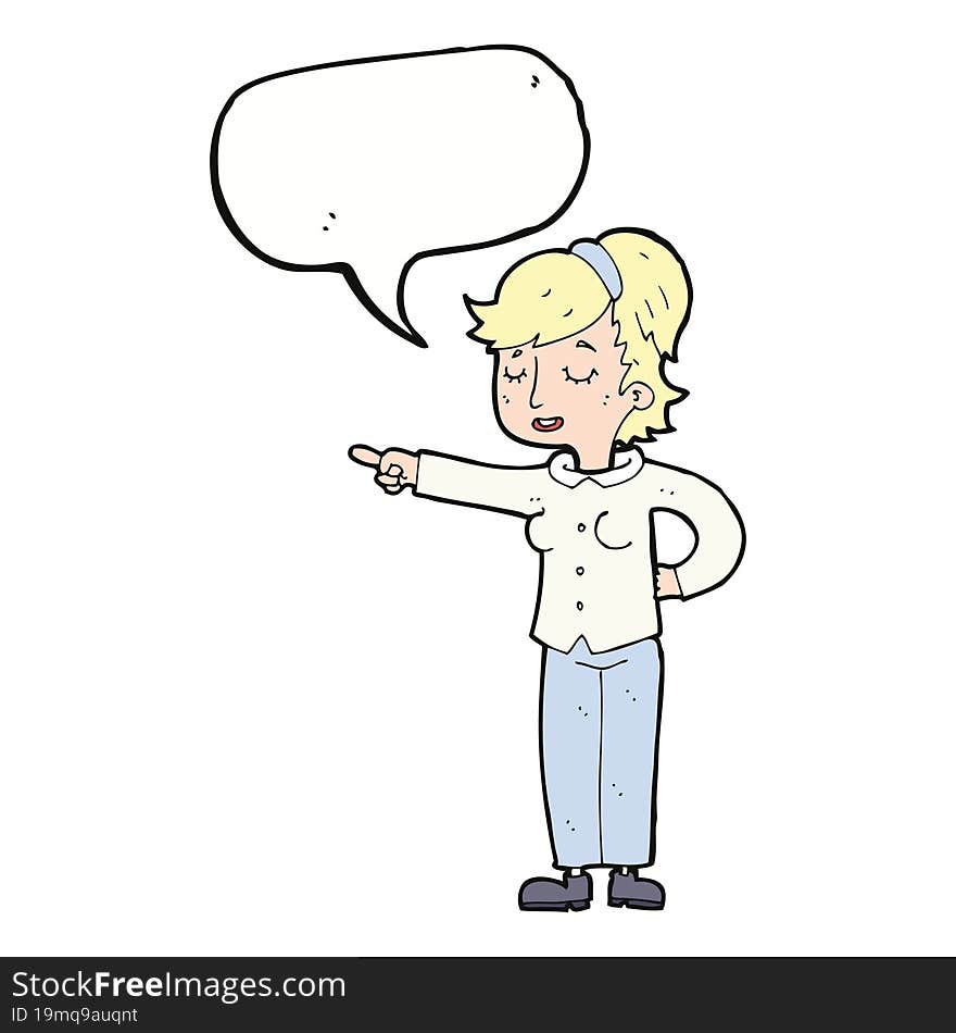 cartoon friendly woman pointing with speech bubble