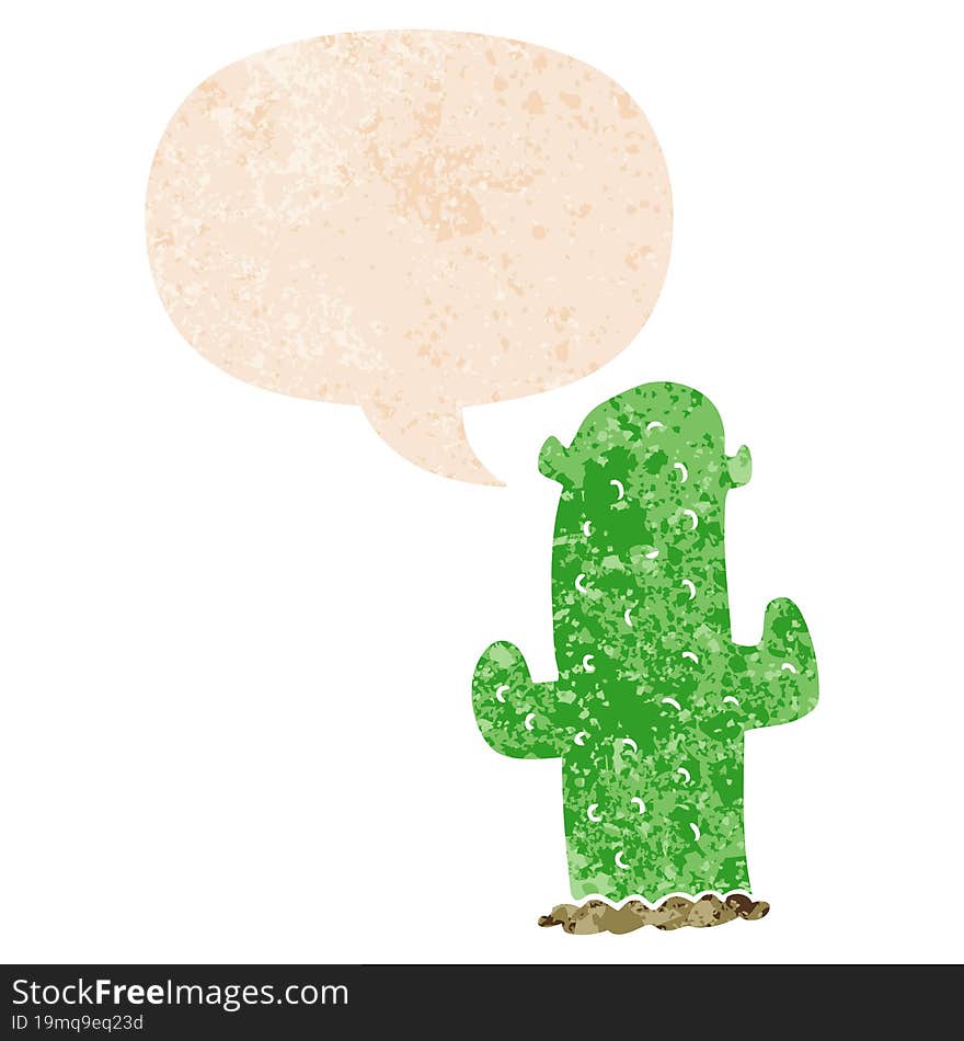 cartoon cactus and speech bubble in retro textured style