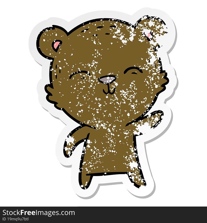 distressed sticker of a happy cartoon bear