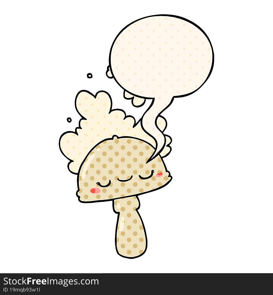 cartoon mushroom with spoor cloud with speech bubble in comic book style. cartoon mushroom with spoor cloud with speech bubble in comic book style