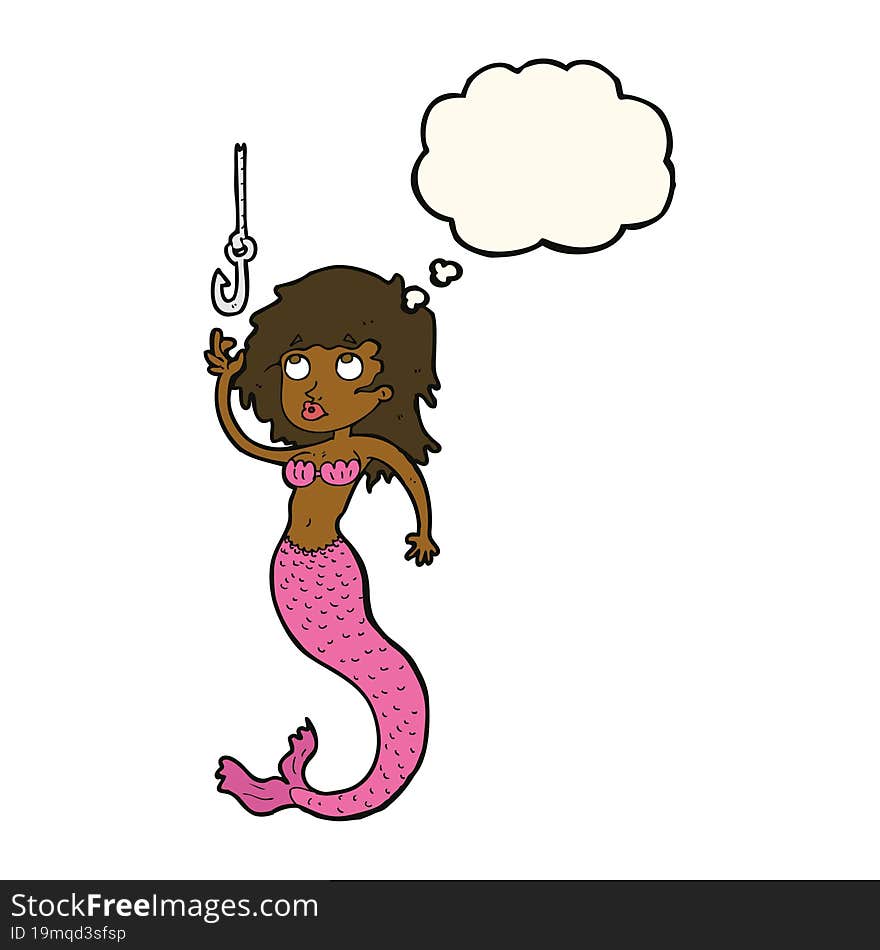 cartoon mermaid and fish hook with thought bubble