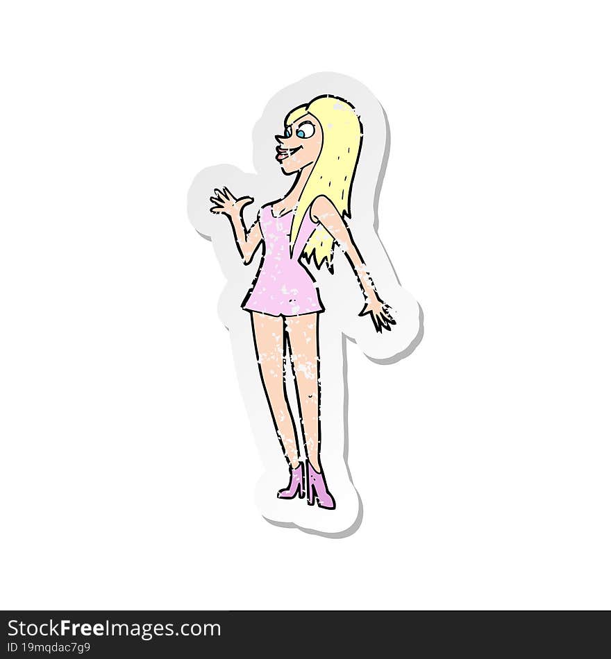 Retro Distressed Sticker Of A Cartoon Woman In Pink Dress