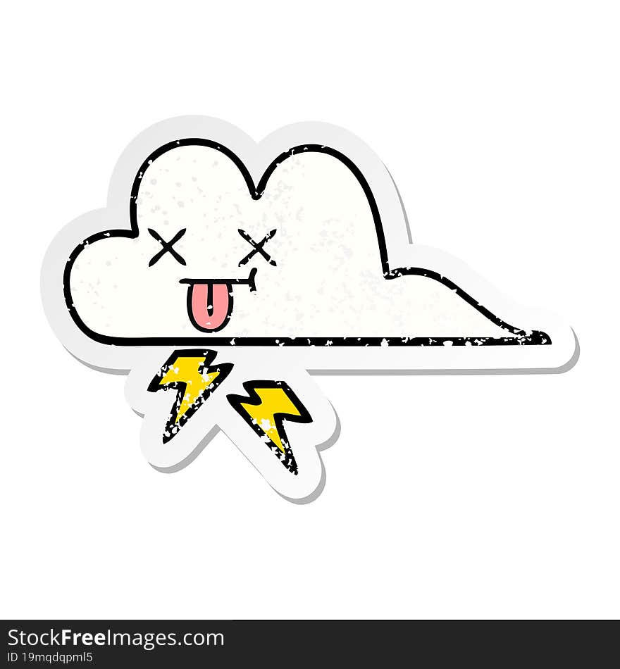 distressed sticker of a cute cartoon thunder cloud