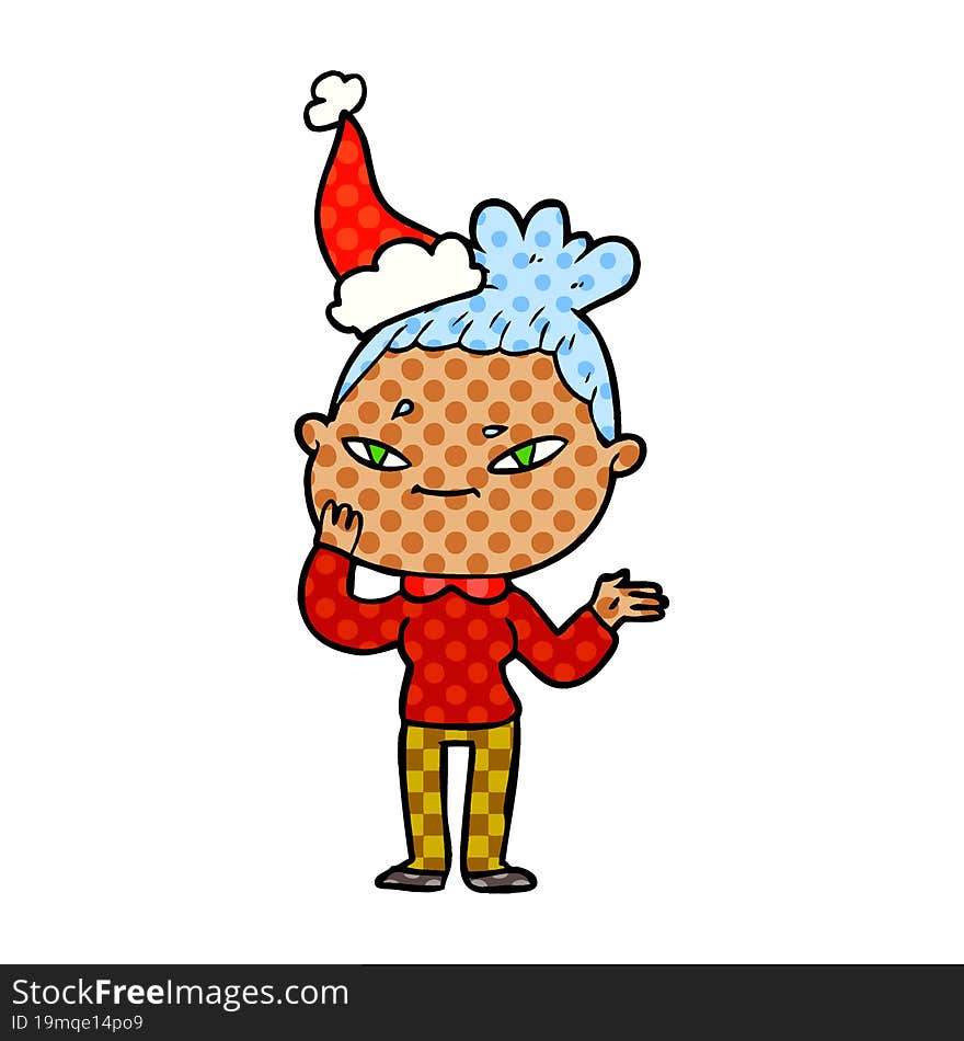 comic book style illustration of a woman wearing santa hat