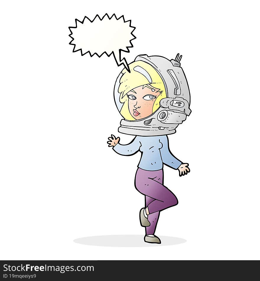 cartoon woman wearing space helmet with speech bubble