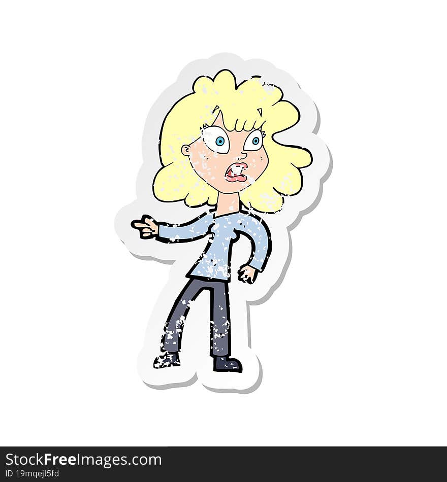 retro distressed sticker of a cartoon worried woman pointing