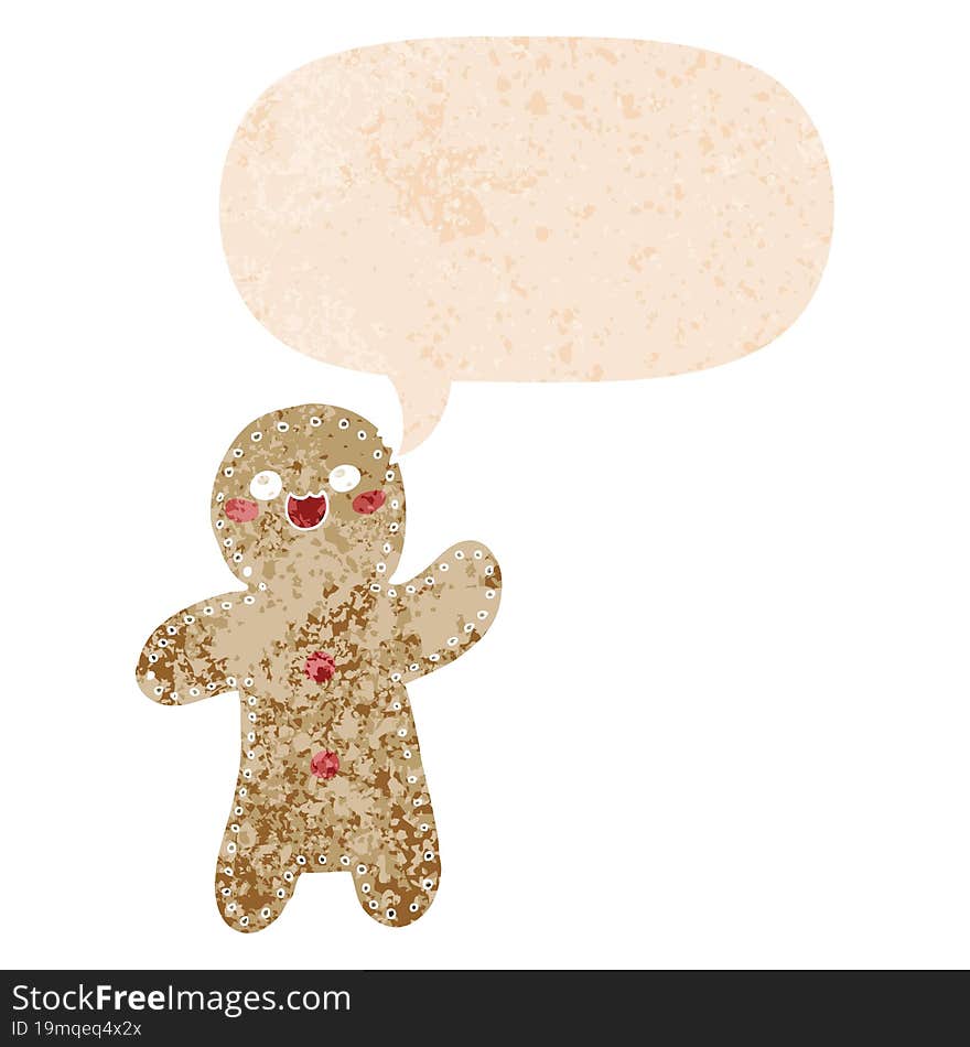 cartoon gingerbread man and speech bubble in retro textured style