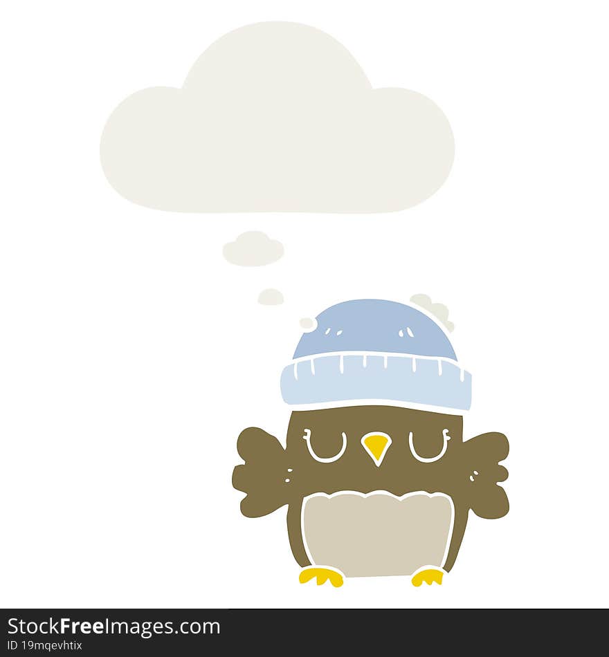 cute cartoon owl in hat and thought bubble in retro style