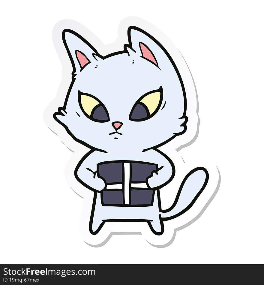 Sticker Of A Confused Cartoon Cat With Gift