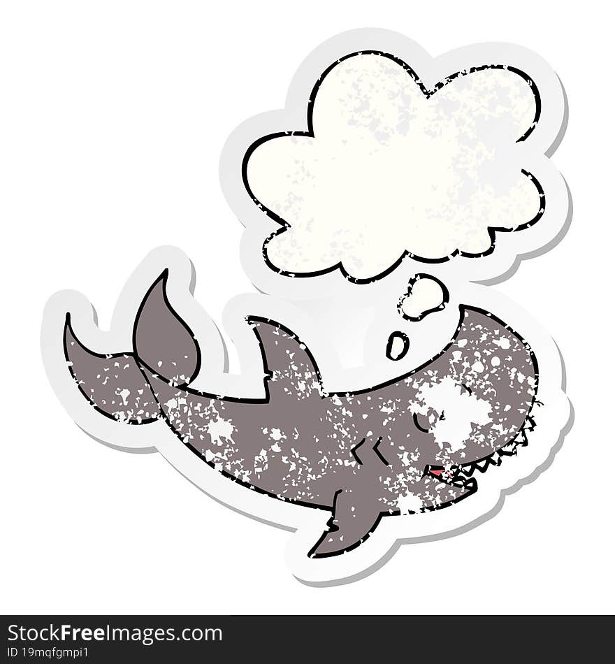 cartoon shark and thought bubble as a distressed worn sticker