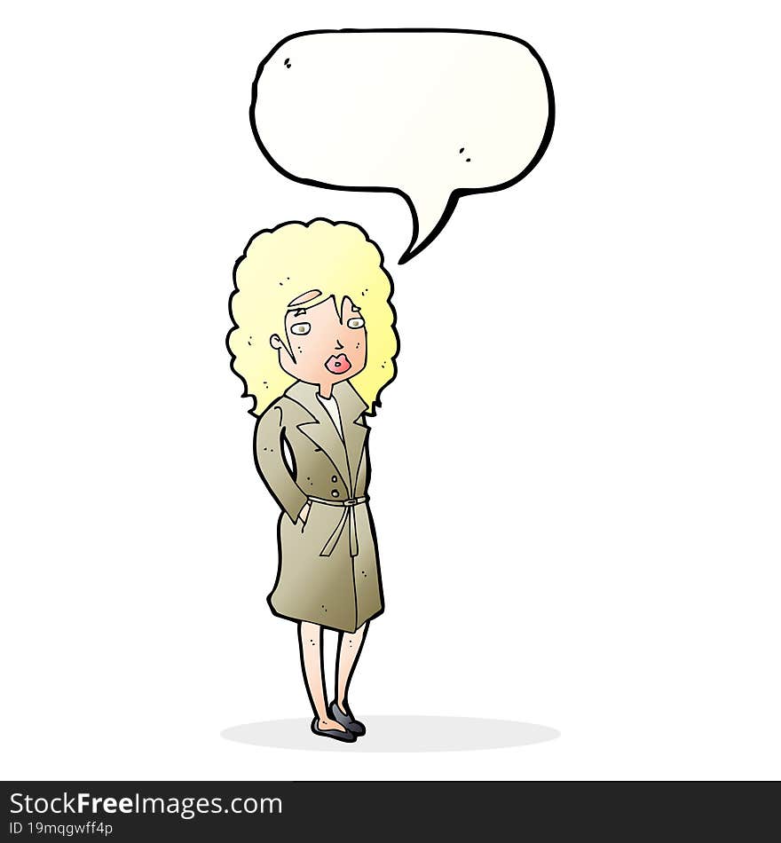 cartoon woman in trench coat with speech bubble