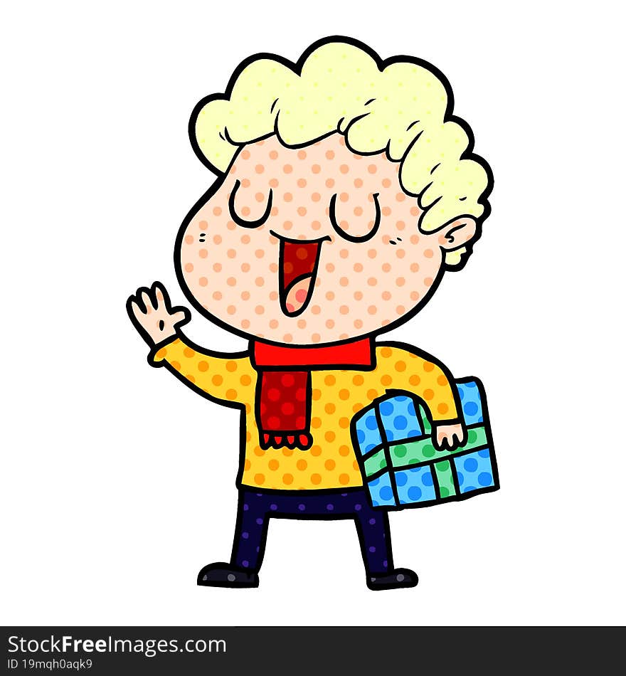 laughing cartoon man with present. laughing cartoon man with present