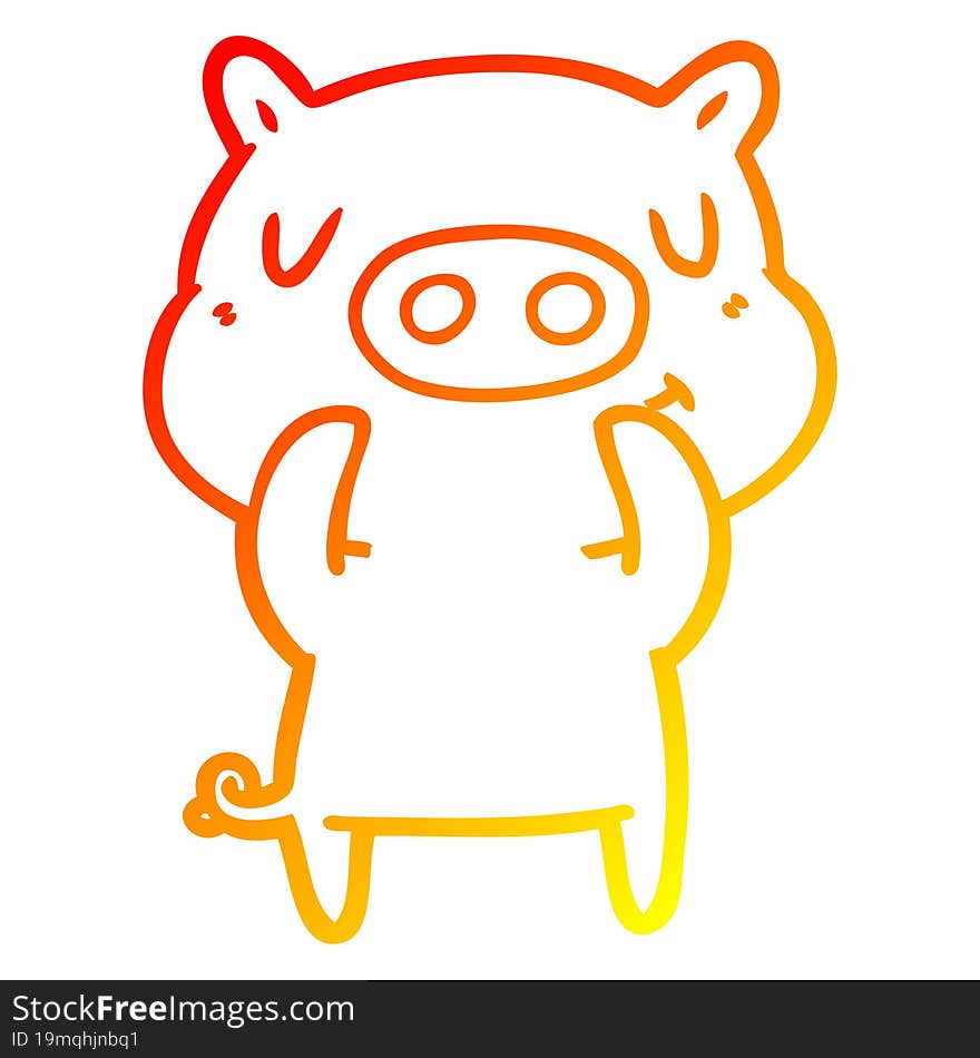 warm gradient line drawing of a cartoon content pig