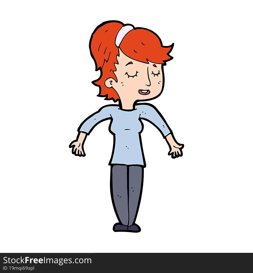 cartoon friendly woman shrugging shoulders