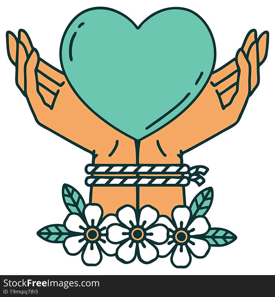 iconic tattoo style image of tied hands and a heart. iconic tattoo style image of tied hands and a heart