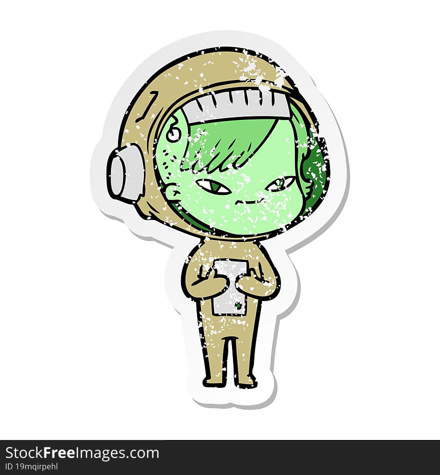 distressed sticker of a cartoon astronaut woman