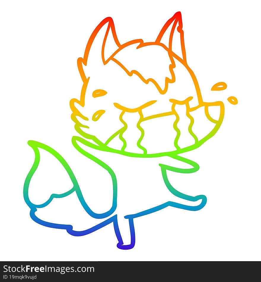 rainbow gradient line drawing of a cartoon crying wolf