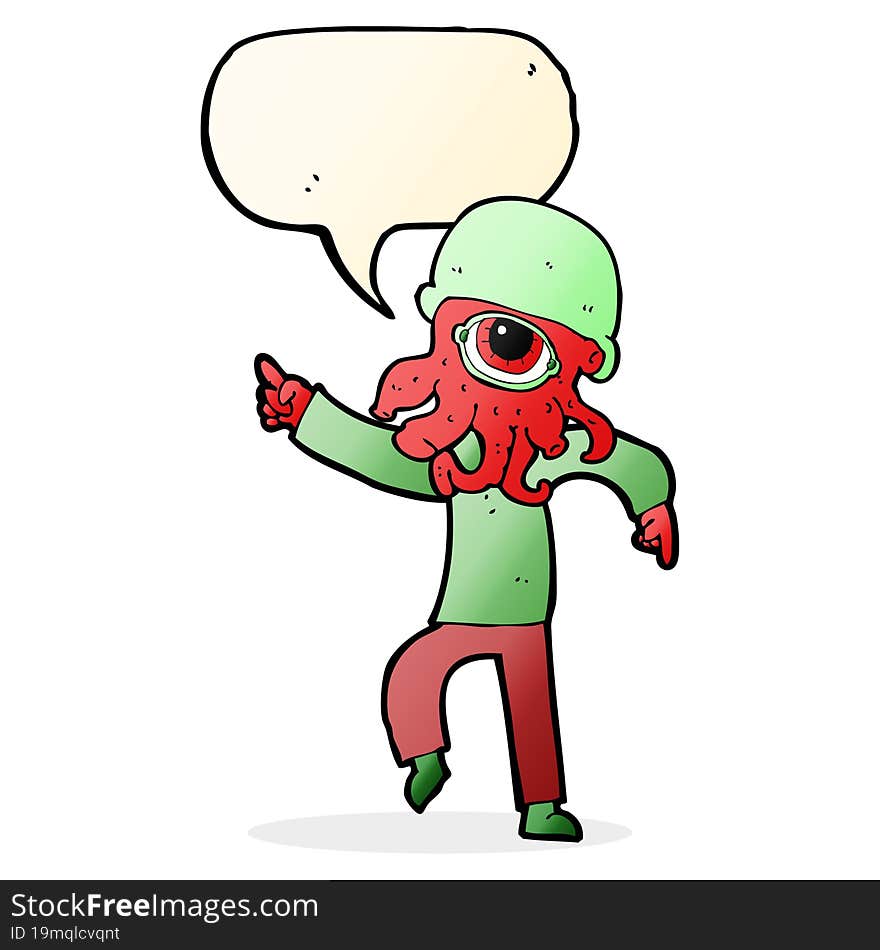 cartoon alien man dancing with speech bubble