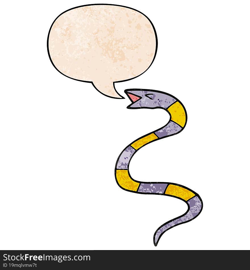 Hissing Cartoon Snake And Speech Bubble In Retro Texture Style