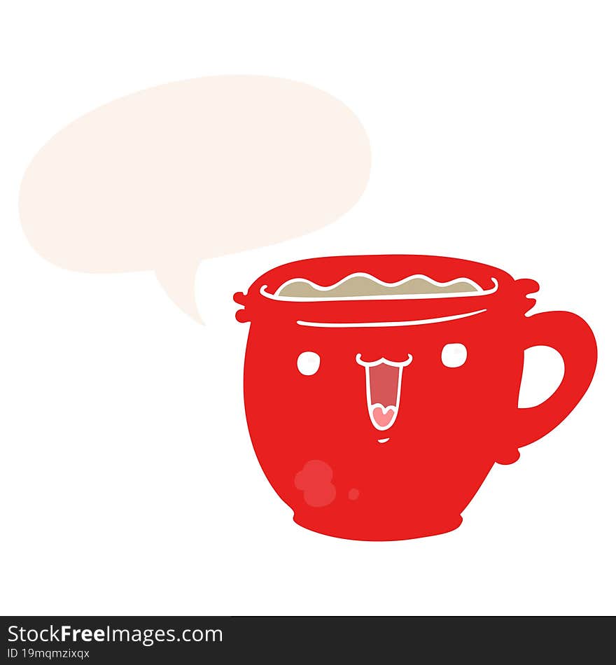 Cute Cartoon Coffee Cup And Speech Bubble In Retro Style