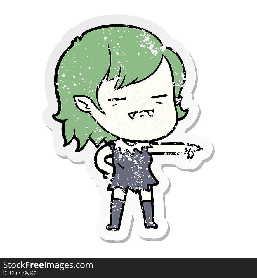 distressed sticker of a cartoon undead vampire girl pointing