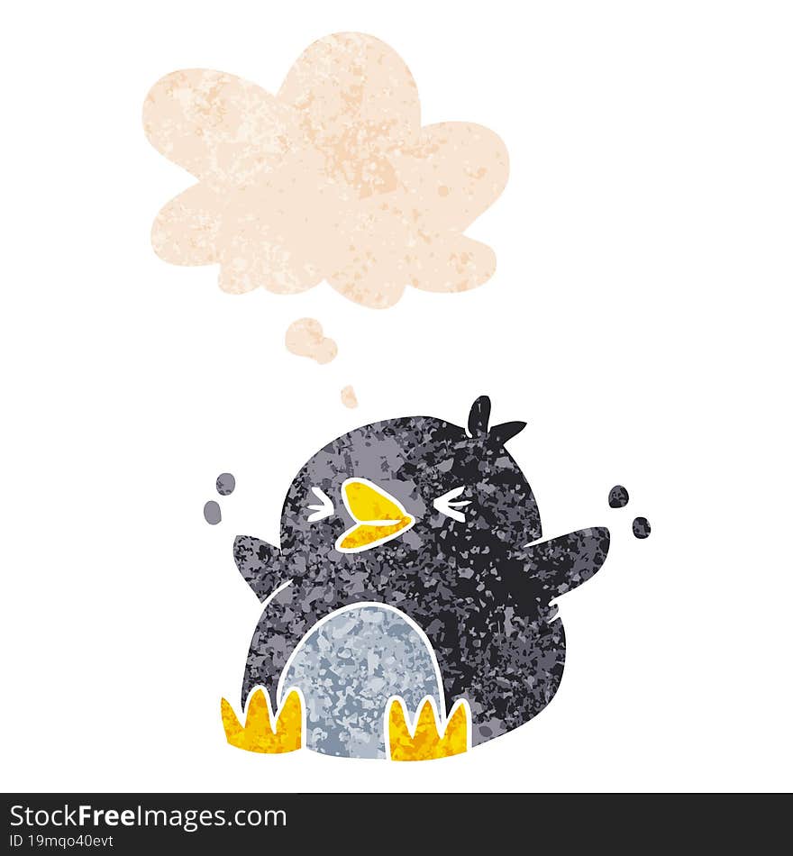 Cartoon Penguin And Thought Bubble In Retro Textured Style