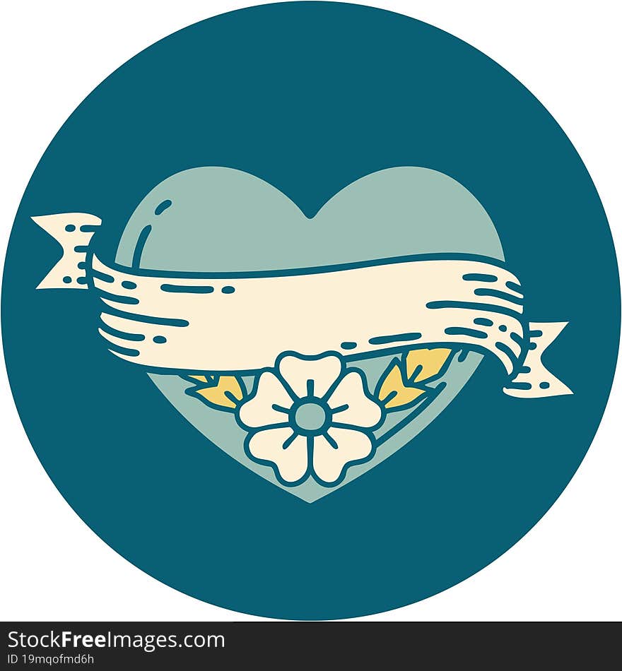 iconic tattoo style image of a heart and banner with flowers. iconic tattoo style image of a heart and banner with flowers