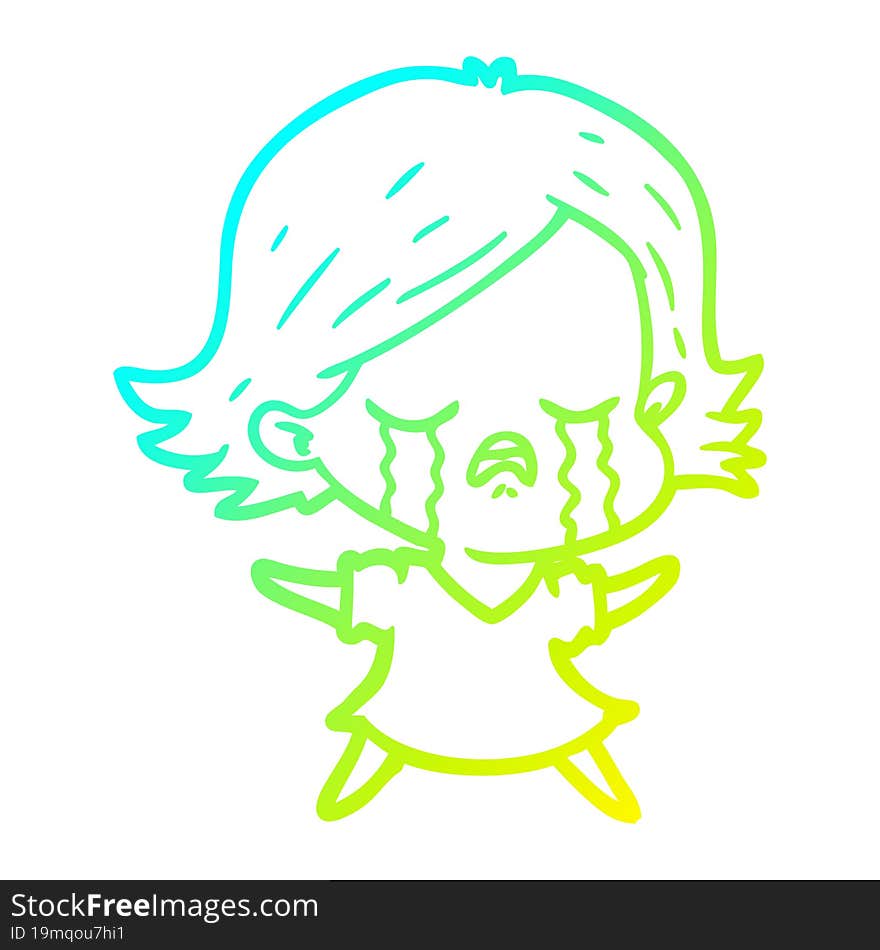 Cold Gradient Line Drawing Cartoon Girl Crying