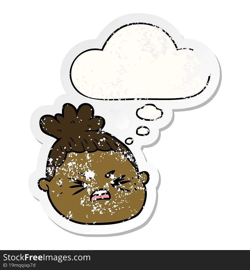 Cartoon Female Face And Thought Bubble As A Distressed Worn Sticker