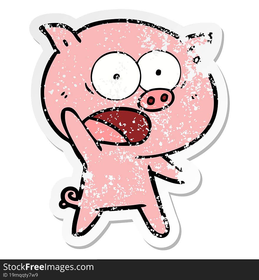 distressed sticker of a cartoon pig shouting