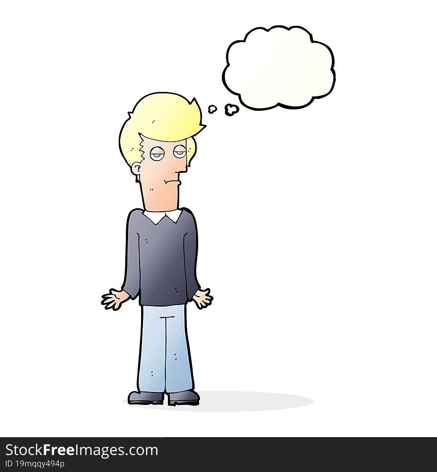 cartoon bored man shrugging shoulders with thought bubble