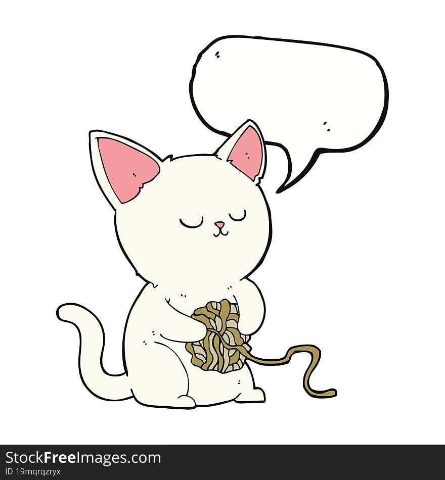 cartoon cat playing with ball of yarn with speech bubble