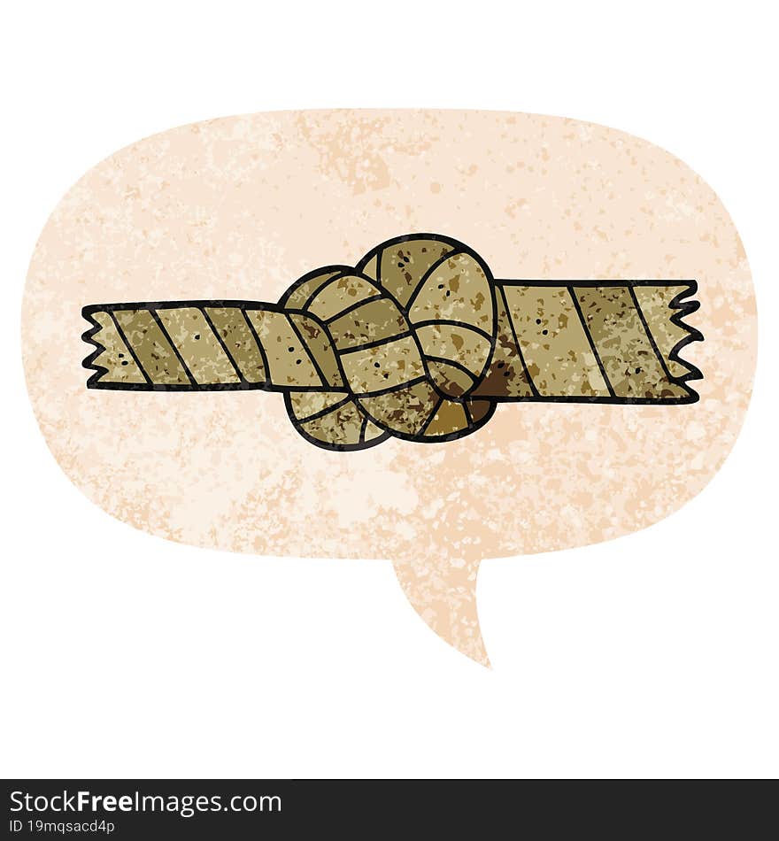 cartoon knotted rope and speech bubble in retro textured style