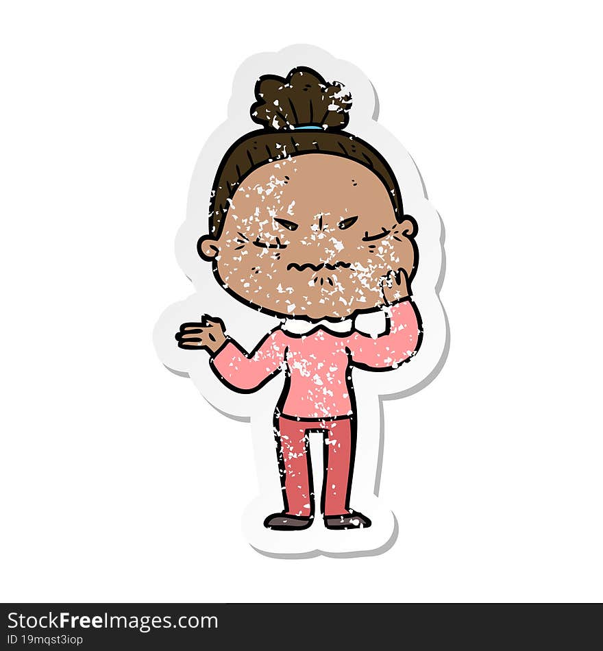 distressed sticker of a cartoon annoyed old lady