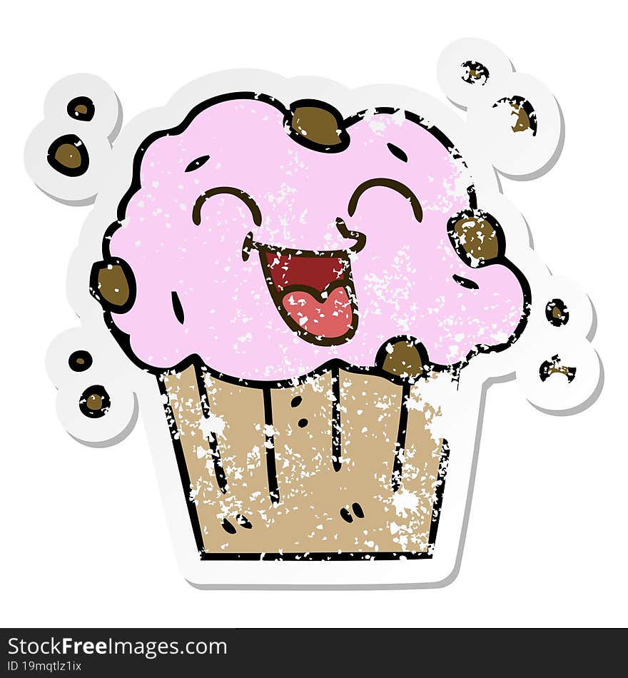 distressed sticker of a quirky hand drawn cartoon happy muffin